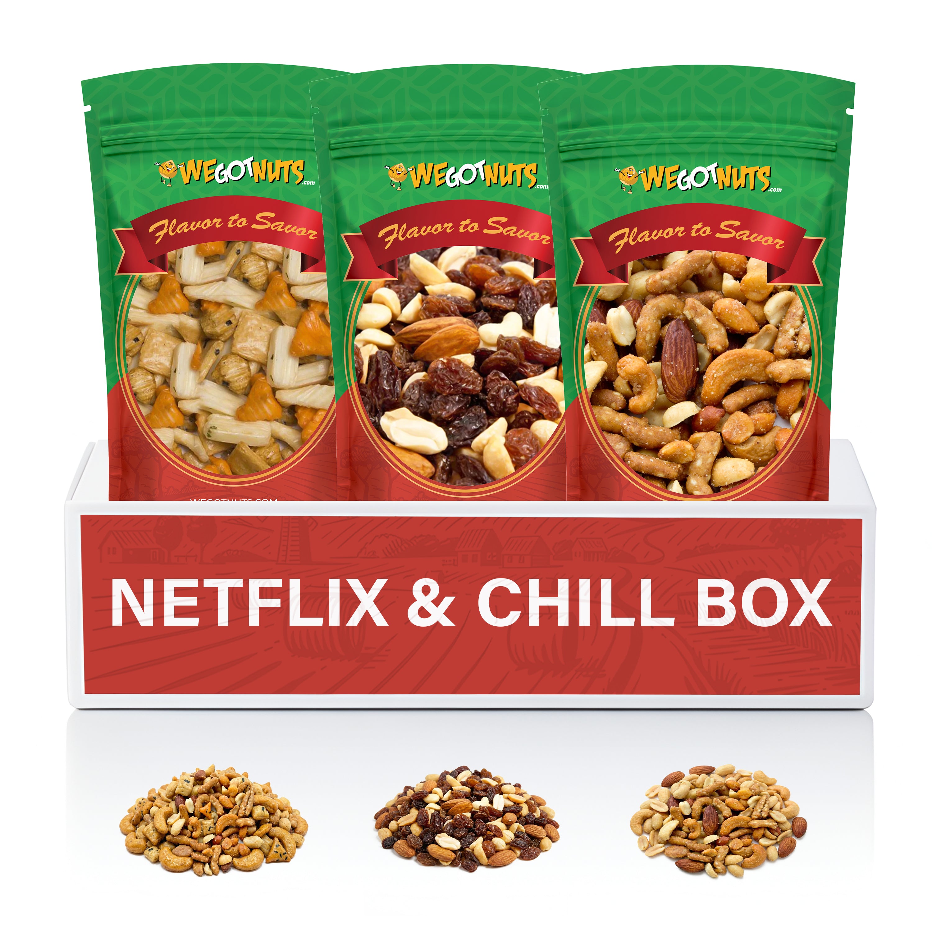 Netflix & Chill Box: Oriental rice cracker mix, Sweet & Salty mix, and Pistachio Berry Blend