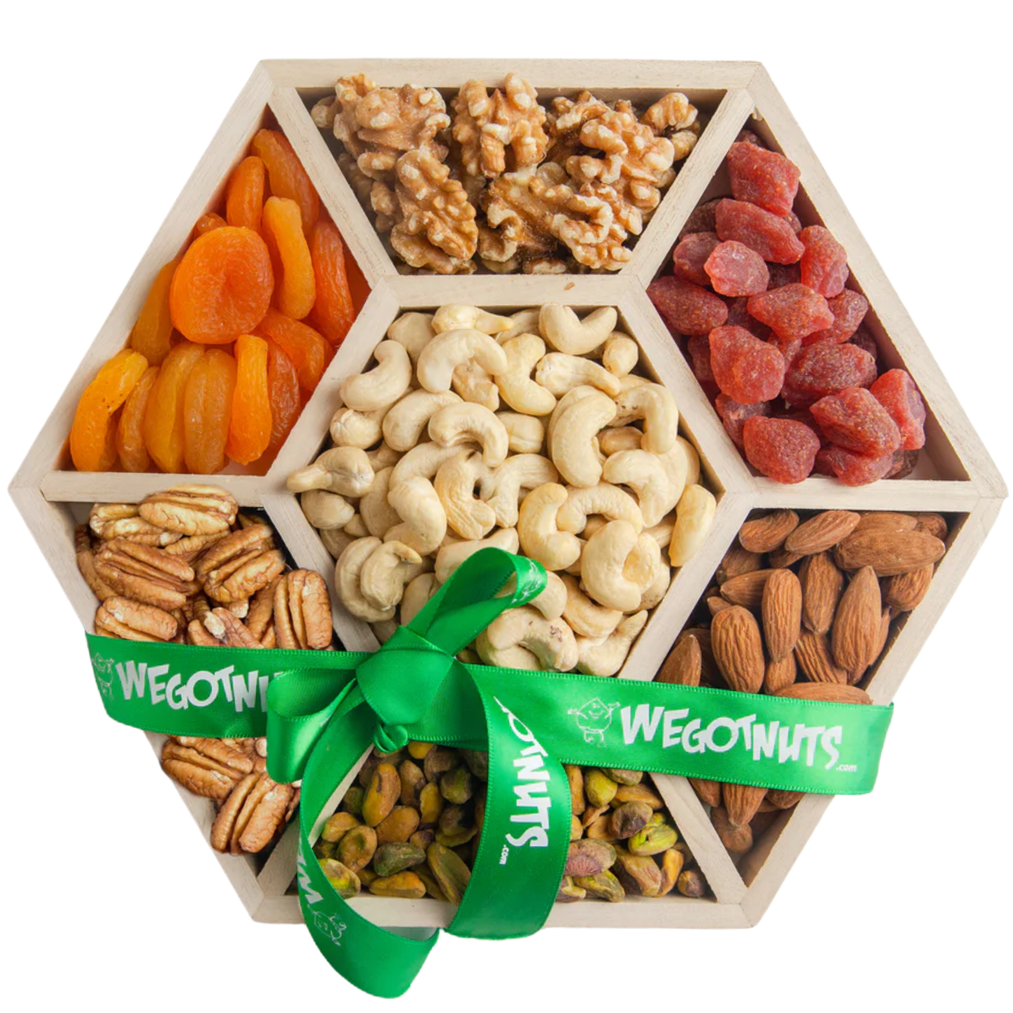 Seven Section Wooden Hexagon Gift Tray With Pecans, Pistachios, Almonds, Walnuts, Cashews, Strawberries, & Apricots