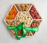 Seven Section Wooden Hexagon Gift Tray With Pecans, Pistachios, Almonds, Walnuts, Cashews, Strawberries, & Apricots