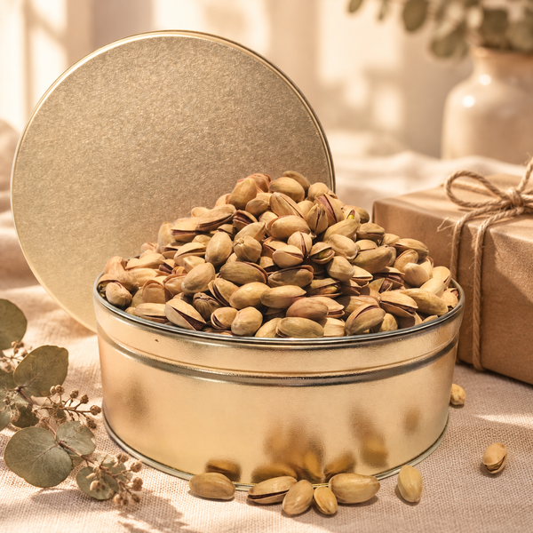 Roasted Salted Antep Turkish Pistachios Gift Tin (2 lbs.) – Crunchy Nut Snack in Gift Tin, Premium roasted pistachios with light salting, convenient gift tin, versatile for snacking and baking