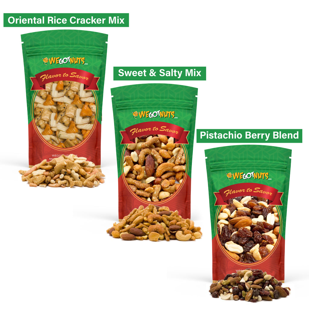 Oriental rice cracker mix, Sweet & Salty mix, Pistachio Berry Blend