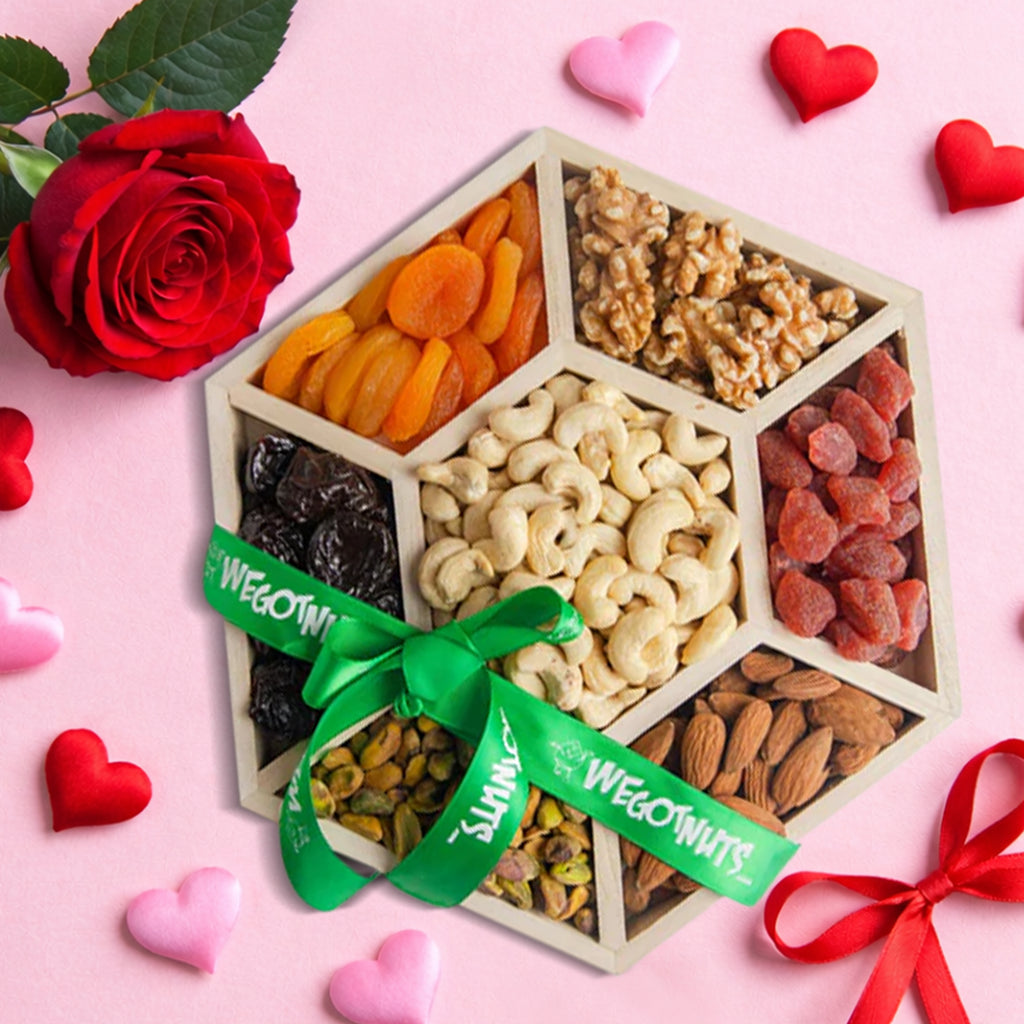 Holiday Nuts & Dried Fruit Assortment In Wooden Hexagon Gift Tray