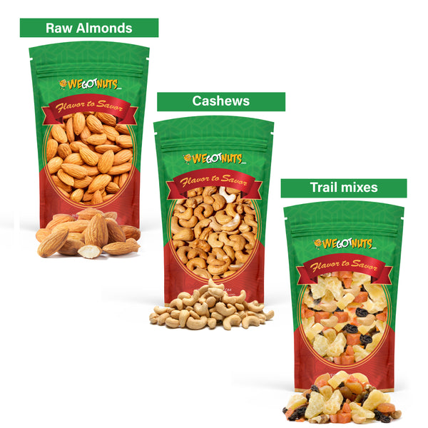 Raw almonds, Cashews, Trail mixes