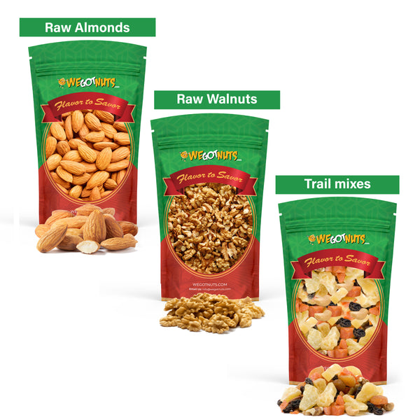 Raw almonds, raw walnuts, trail mixes