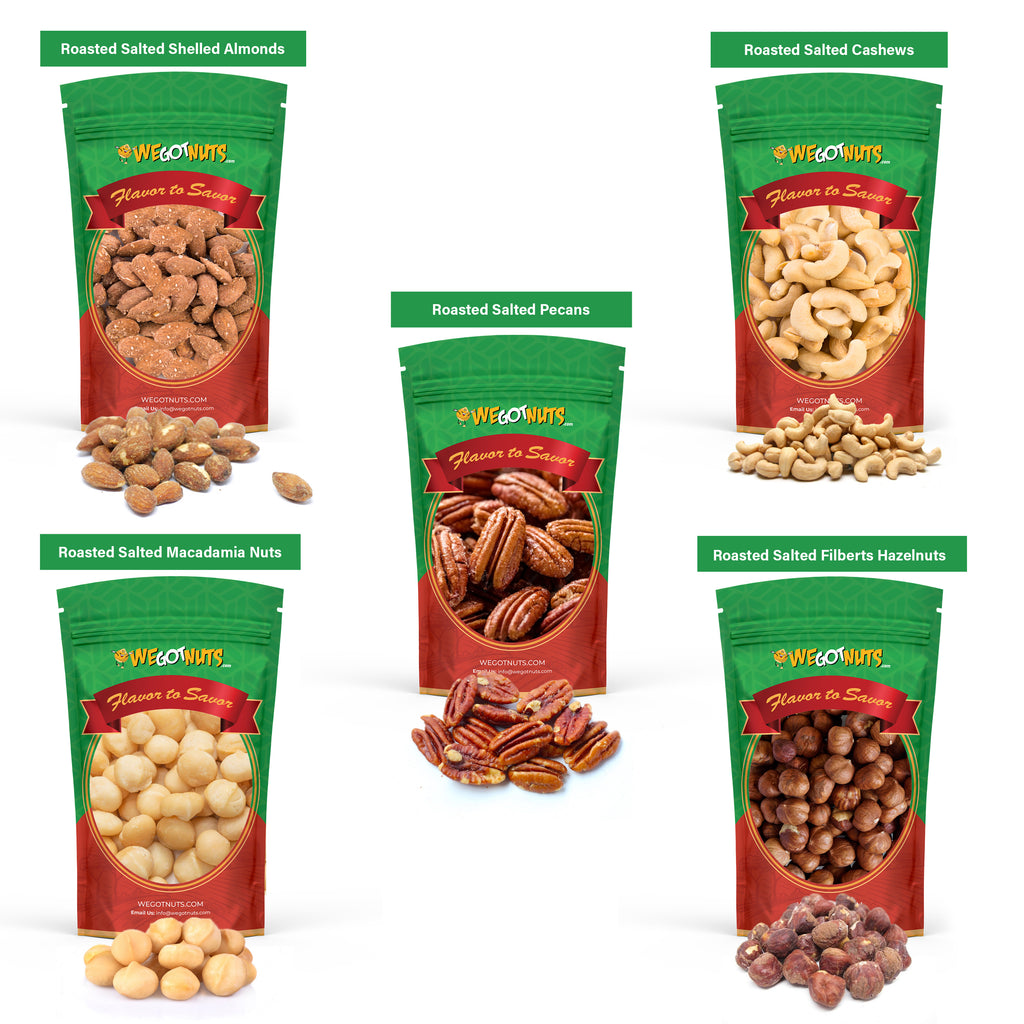Almonds roasted salted - cashews roasted salted -pecans roasted salted - macadamia roasted salted -filberts roosted salted 4 Pounds