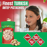 Turkish Antep Pistachios Premium Quality Kosher Roasted Pistachios By We Got Nuts - Natural & Healthy Rich Flavor Snack - Whole, & Salted – Air-Tight Resealable Bag Package