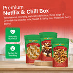 Netflix & Chill Box: Oriental rice cracker mix, Sweet & Salty mix, and Pistachio Berry Blend