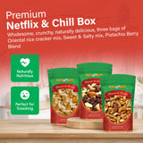 Netflix & Chill Box: Oriental rice cracker mix, Sweet & Salty mix, and Pistachio Berry Blend