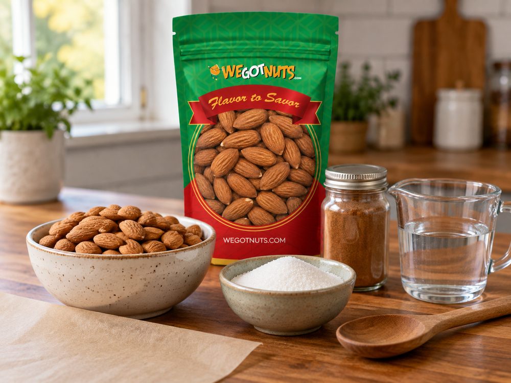 Sample photo of the ingredients with our green We Got Nuts bag