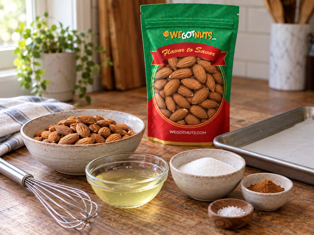 Sample photo of the ingredients with our green We Got Nuts bag