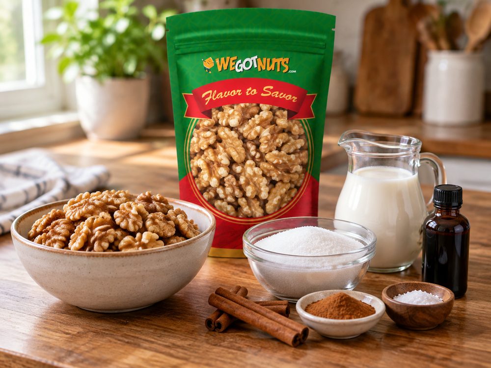 Sample photo of the ingredients with our green We Got Nuts bag