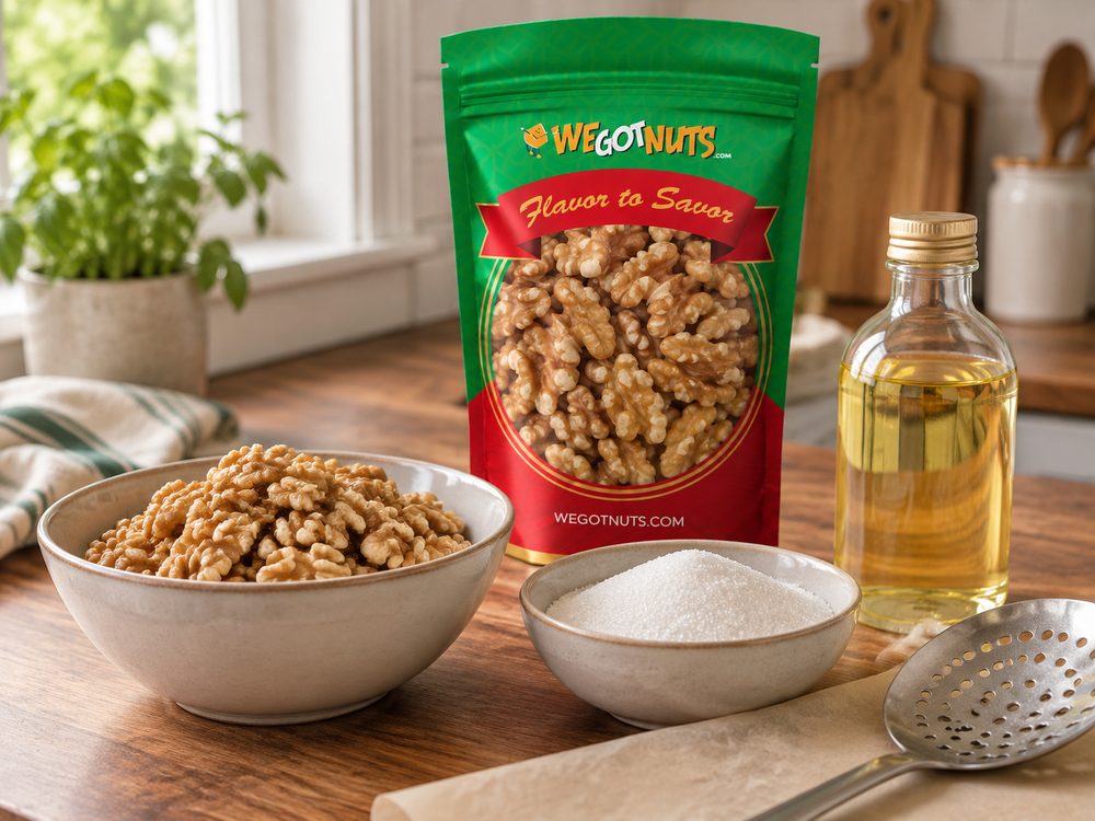 Sample photo of the ingredients with our green We Got Nuts bag