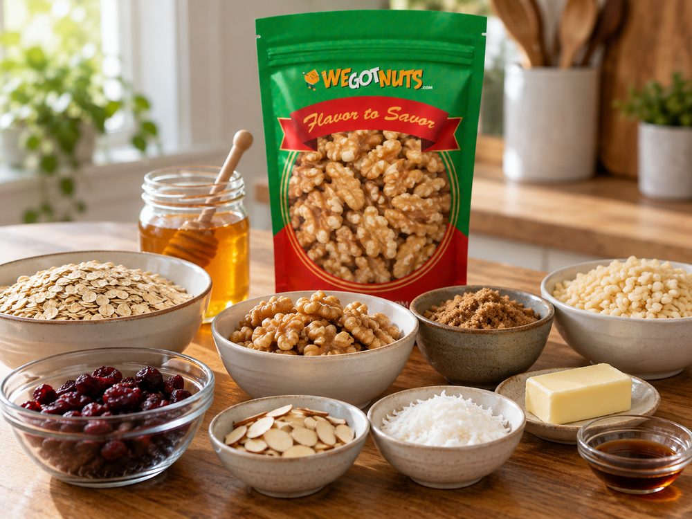 Sample photo of the ingredients with our green We Got Nuts bag