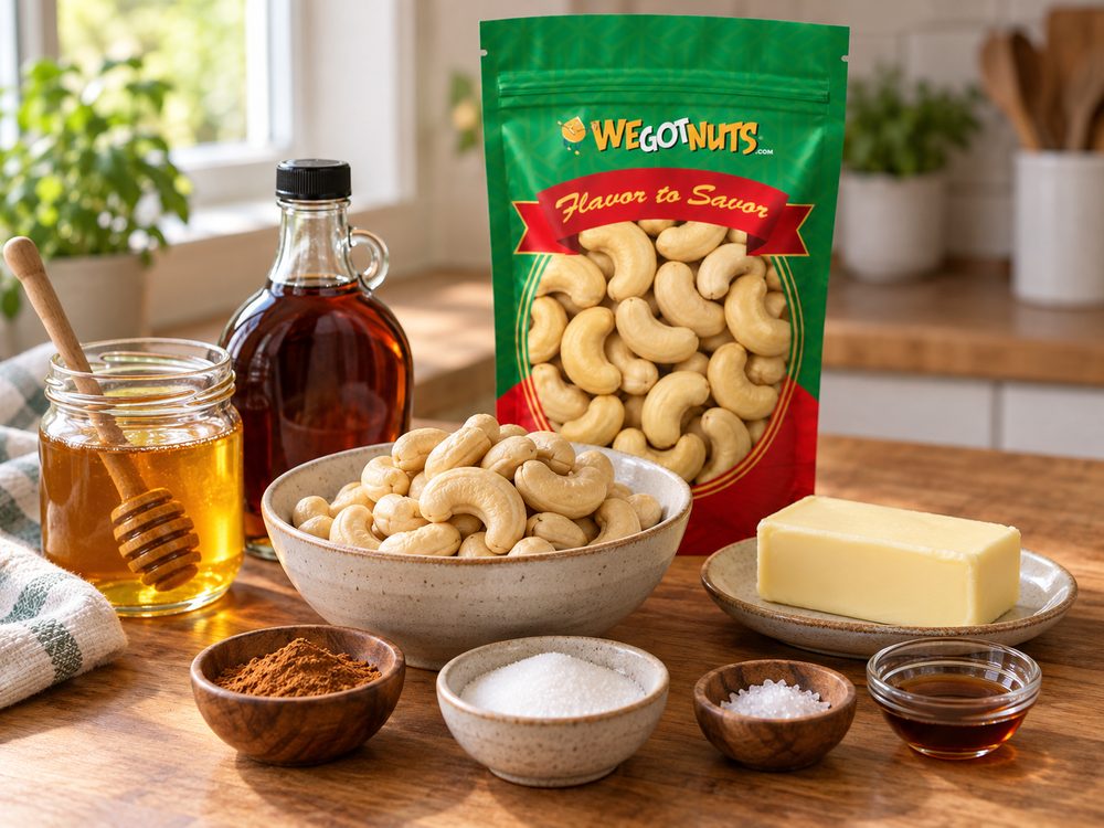 Sample photo of the ingredients with our green We Got Nuts bag