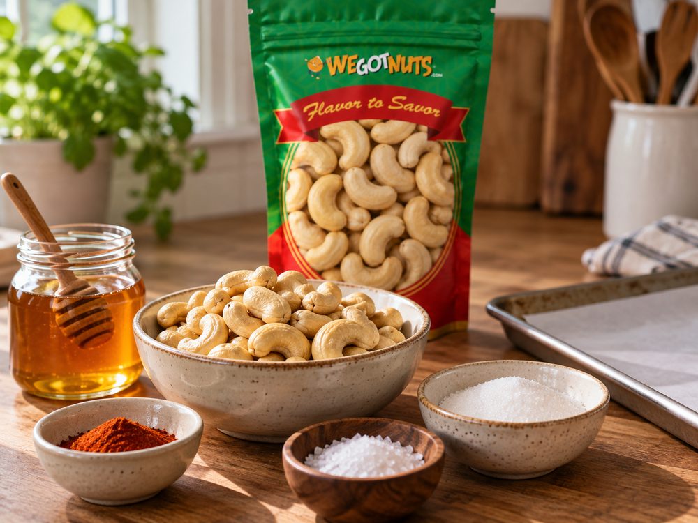 Sample photo of the ingredients with our green We Got Nuts bag