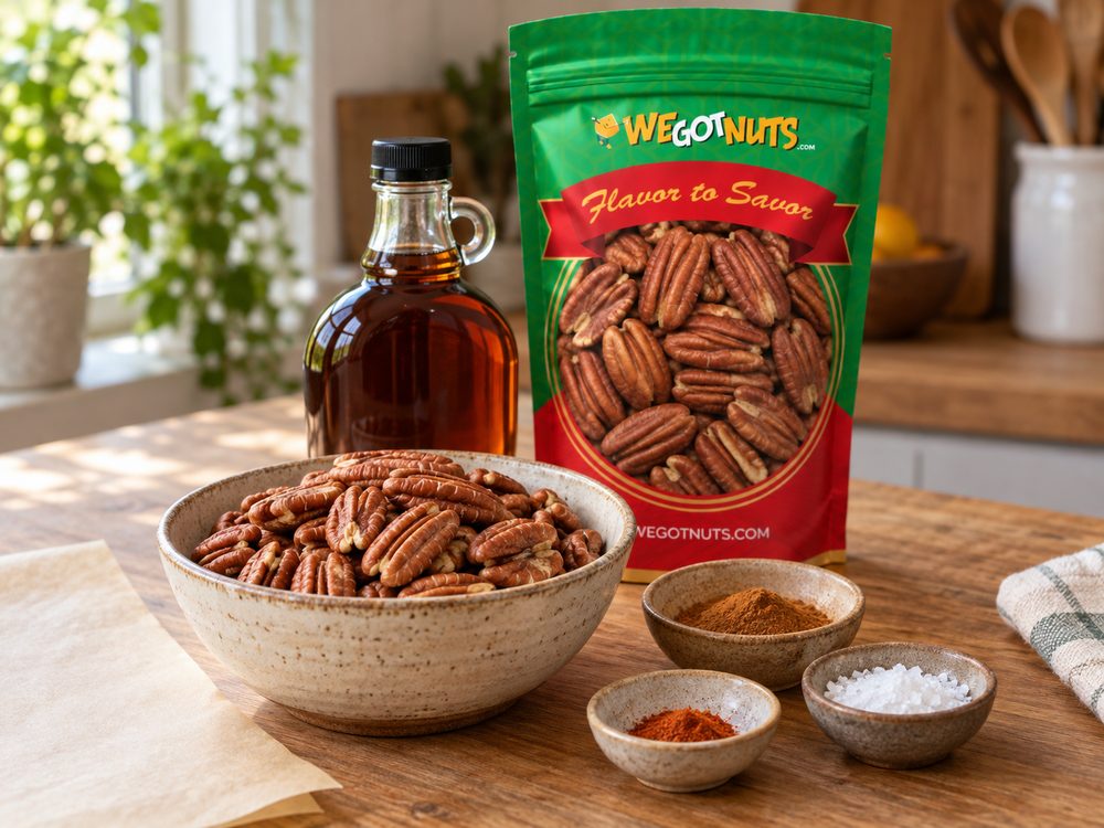 Sample photo of the ingredients with our green We Got Nuts bag