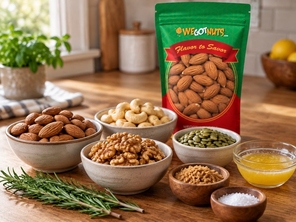 Sample photo of the ingredients with our green We Got Nuts bag