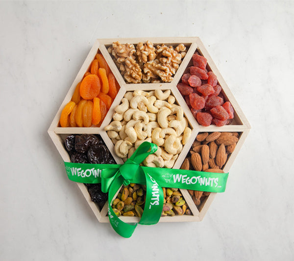 Holiday Nuts & Dried Fruit Assortment In Wooden Hexagon Gift Tray