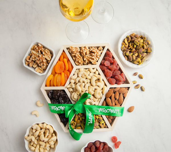 Holiday Nuts & Dried Fruit Assortment In Wooden Hexagon Gift Tray
