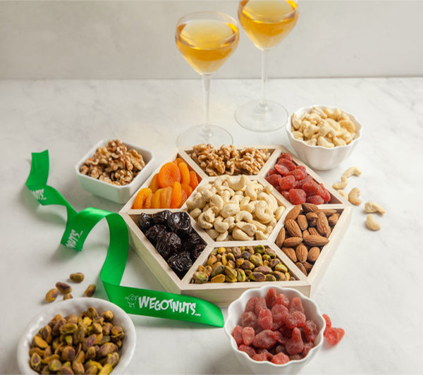 Holiday Nuts & Dried Fruit Assortment In Wooden Hexagon Gift Tray