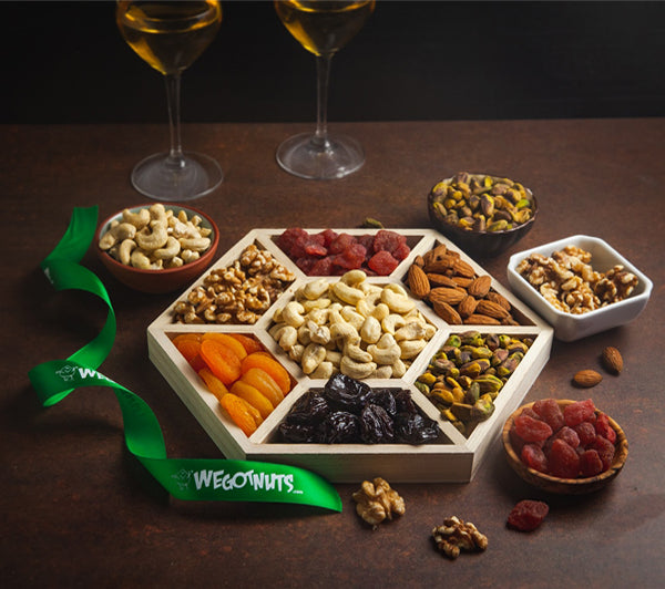 Holiday Nuts & Dried Fruit Assortment In Wooden Hexagon Gift Tray