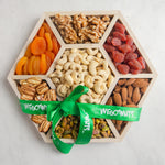 Seven Section Wooden Hexagon Gift Tray With Pecans, Pistachios, Almonds, Walnuts, Cashews, Strawberries, & Apricots