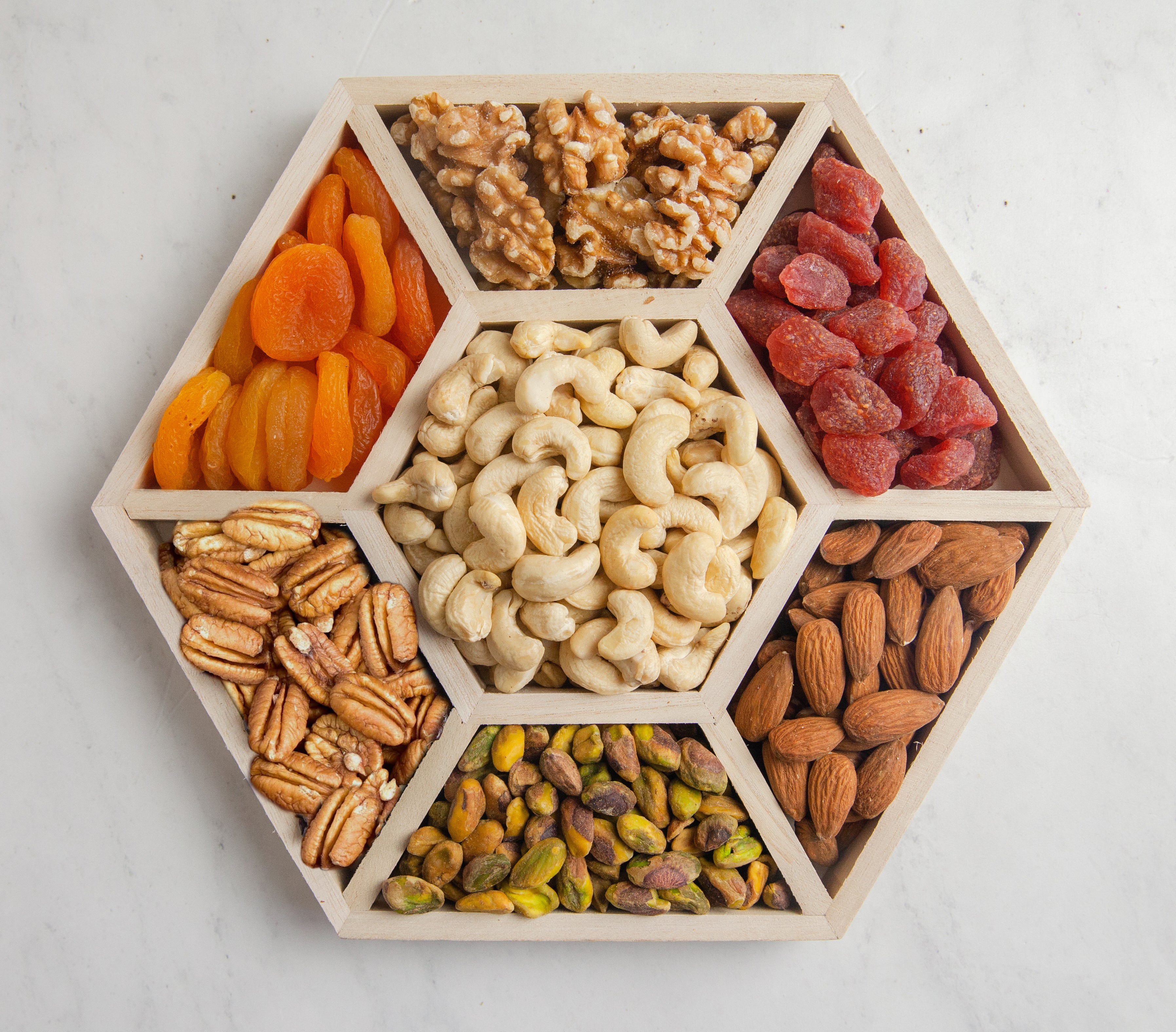 Seven Section Wooden Hexagon Gift Tray With Pecans, Pistachios
