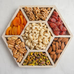 Seven Section Wooden Hexagon Gift Tray With Pecans, Pistachios, Almonds, Walnuts, Cashews, Strawberries, & Apricots